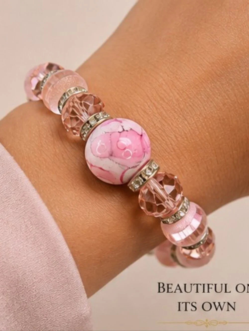 Vintage Pink Art Glass Beaded Bracelet Rhinestone Stretch Statement